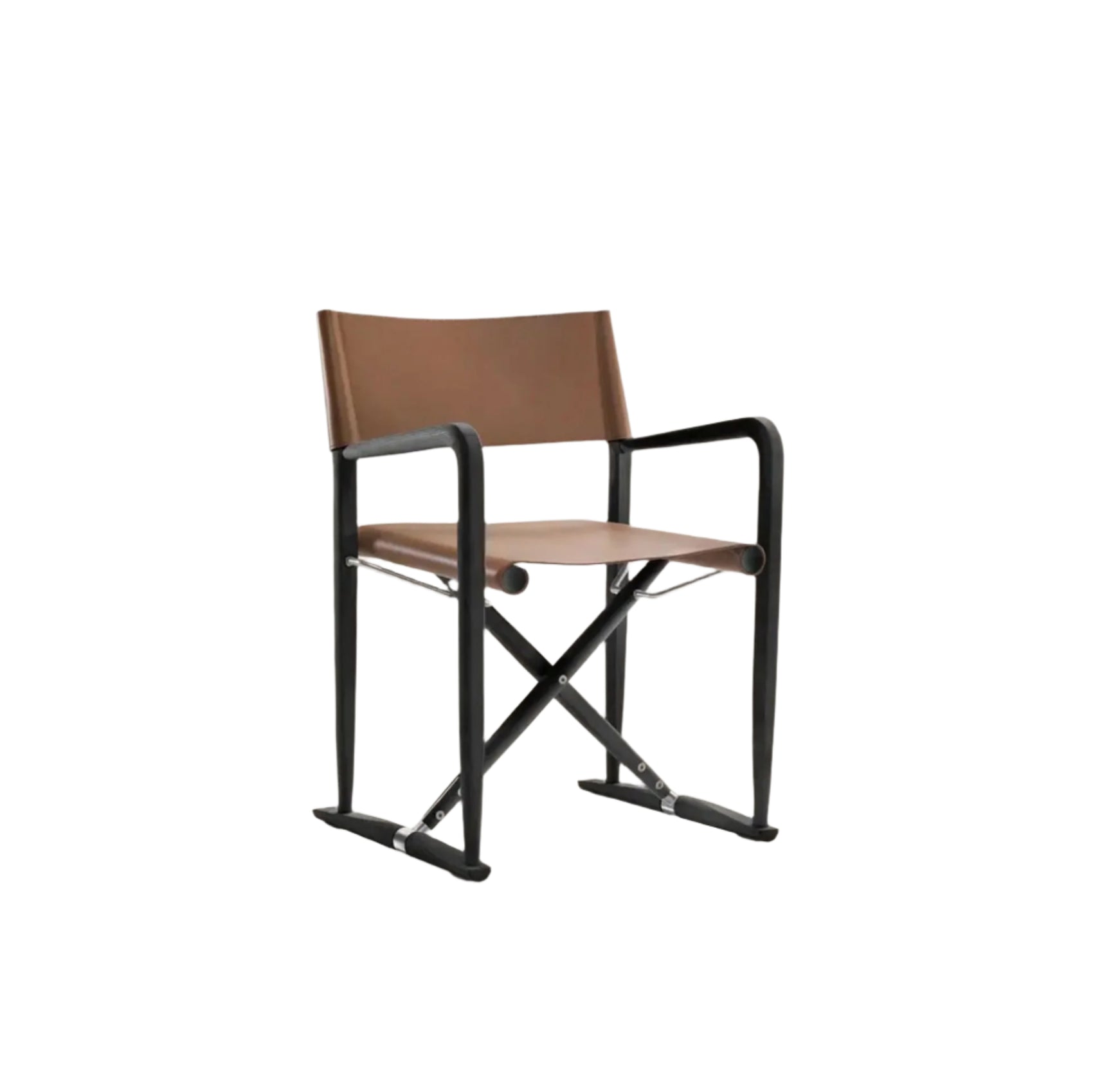 A brown leather dining chair with a black metal frame, designed for folding, positioned against a white background.