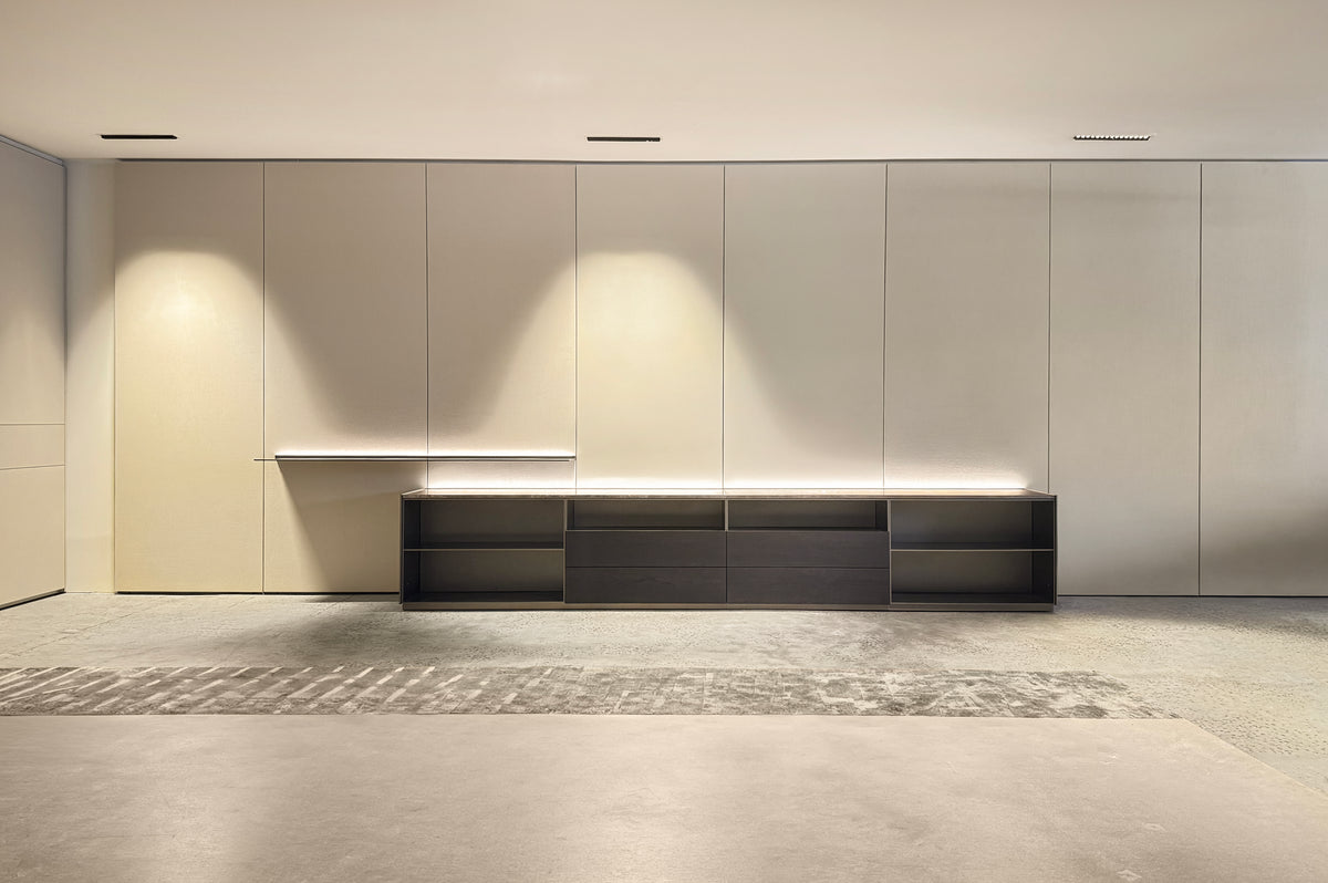 Poliform Code storage unit and wall system, ex-display, travertine top with black elm drawers and bronzo shelving