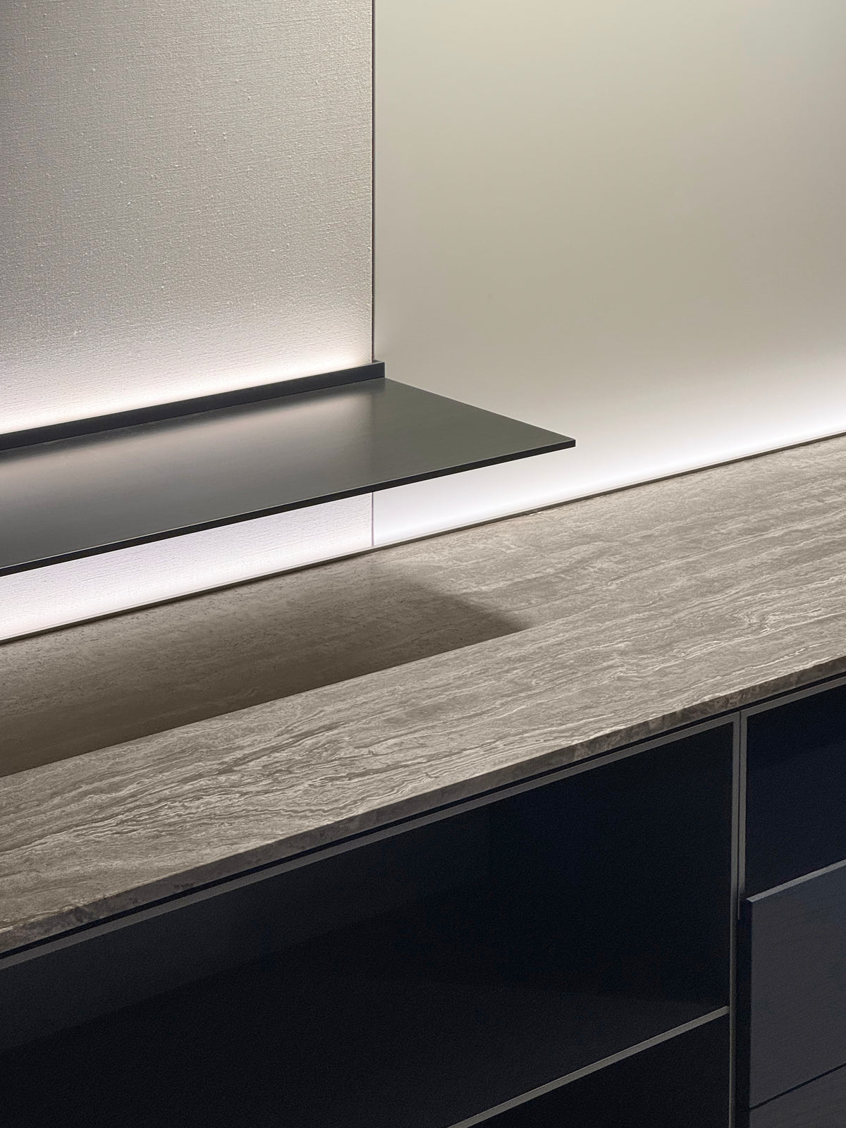 Poliform Code storage unit detail, travertine top and black elm drawers