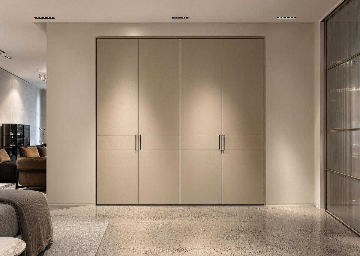 Poliform Senzafine Match wardrobe, ex-display, Latte leather-finish door with shoe trays, drawers and glass shelf