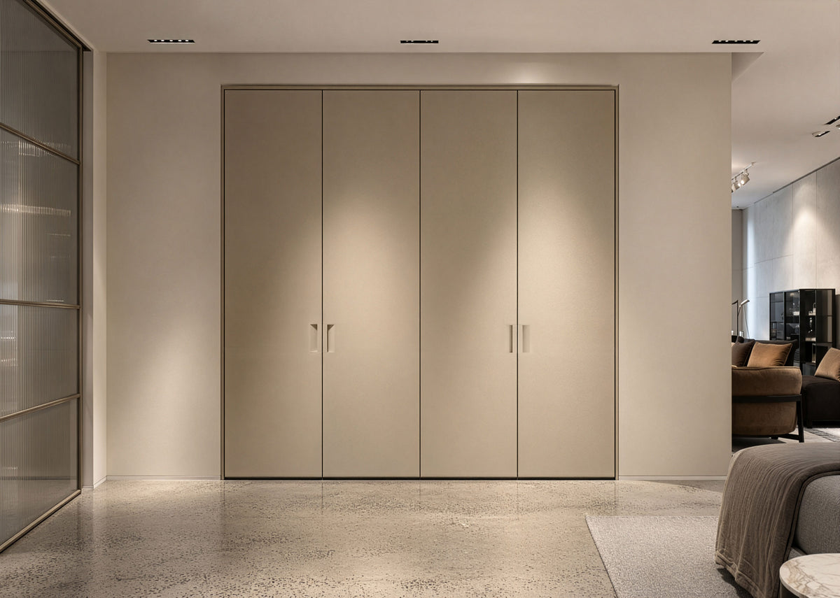 Poliform Senzafine Plus wardrobe, ex-display, Mat Canapa door with shirt trays, drawers and valet tray